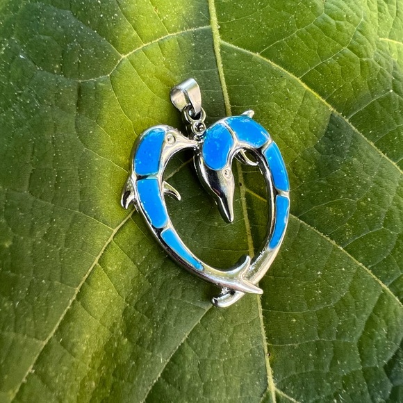 Faux Blue Opal Double Dolphin Heart Pendant 👠 - Picture 9 of 17